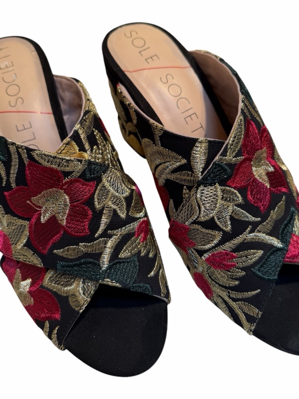 Sole Society Floral Embroidered Block Heel Mules Size 7.5 Boho Chic Nearly New - Picture 4 of 12